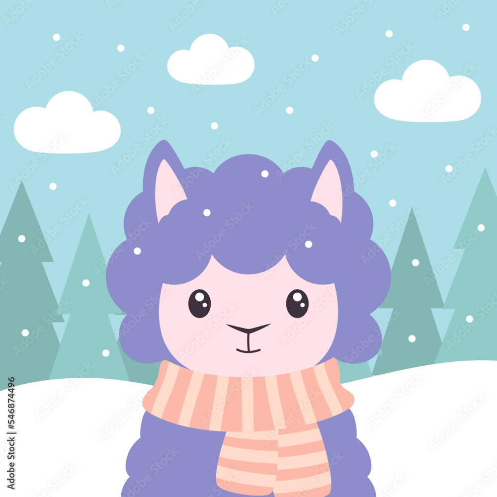 cartoon winter card of sheep on christmas trees background
