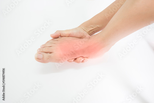 Pain and sprain of the muscles of the feet and ankles, human body, on white background.