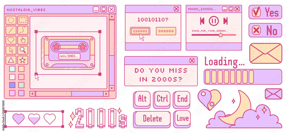 Old computer aestethic. Kawaii retro pc elements, user interface ...