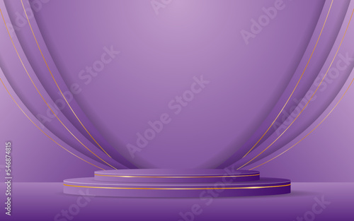 Purple podium with purple curves and elegant gold lines on the back for product presentation. Cosmetic product display. vector illustration
