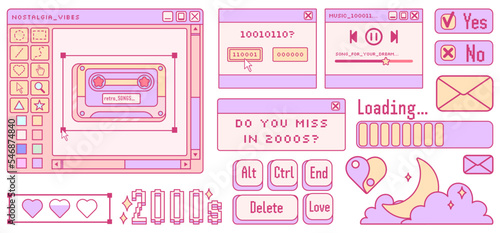 Old computer aestethic. Kawaii retro pc elements, user interface, operating system, windows, icons in trendy y2k retro style.Vector illustrations.