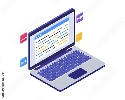 Isometric Software development, programming, coding in laptop vector concept.