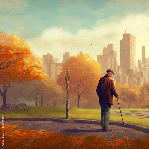 Senior citizen taking a walk outdoors. 