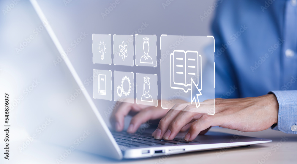 Concept E-learning education, Man using laptop with Online Education icon on virtual screen. internet lessons and online webinar, online lessons on a digital screen.Education internet Technology. Concept E-learning education, Man using laptop with Online Education icon on virtual screen. internet lessons and online webinar, online lessons on a digital screen.Education internet Technology.