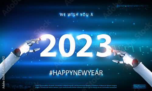 AI robotic hand touching and pointing on year 2023 on technology cyberspace background. 2023 New year Science and artificial intelligence technology,innovation and futuristic, AI, Machine.Vector EPS10