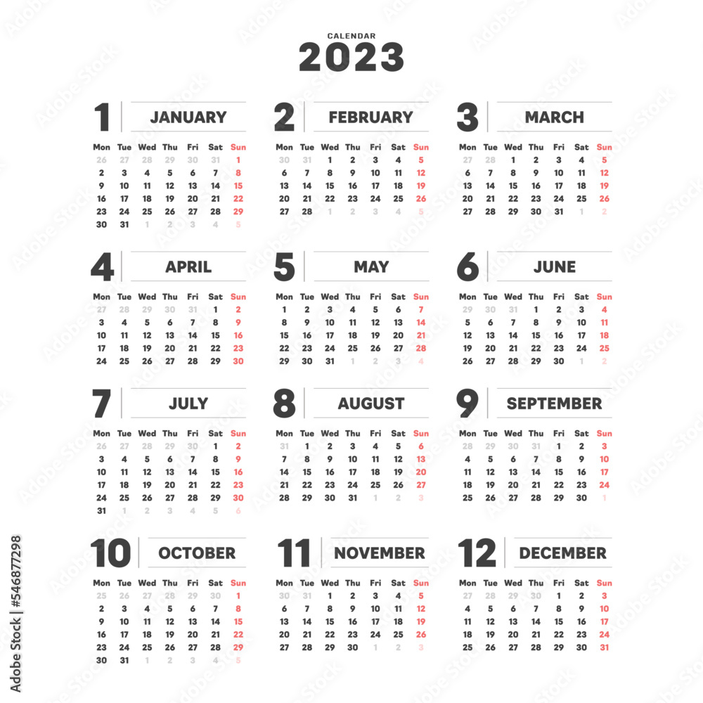 2023年のシンプルな年間カレンダー - 月曜始まり･12ヶ月･1年分の暦
