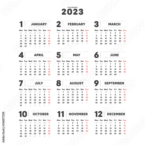 2023年のシンプルな年間カレンダー - 月曜始まり･12ヶ月･1年分の暦