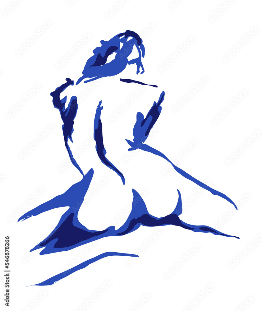 Fototapeta premium Silhouette of a naked woman. Spectacular sketch of blue. Young naked girl. Stylization blue ink and brush. 