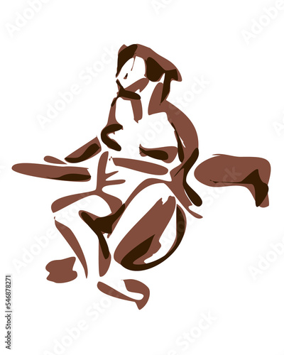 Sketch of a naked girl. Seated relaxed woman. Stylization ink and pen. Brown ink. Simple silhouette. 