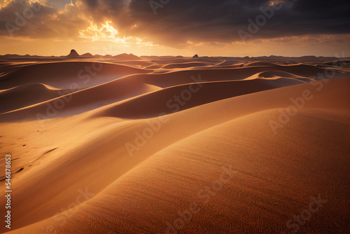 Stunning sunset illuminating the majestic sand dunes of the Sahara Desert  highlighting nature s exquisite patterns. A captivating view of Africa s iconic desert landscape.   