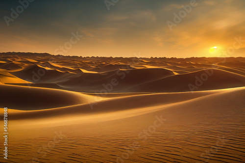 Stunning sunset illuminating Sahara Desert sand dunes, revealing mesmerizing curves and textures. Ideal depiction of nature's serene beauty in the heart of Sahara.