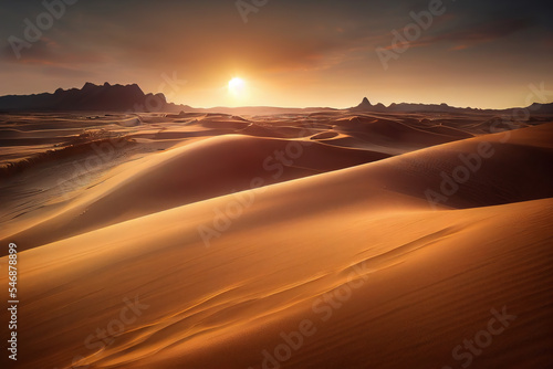 Spectacular sunset illuminating Sahara Desert s vast sand dunes. A serene view of nature s beauty with sweeping dunes and majestic peaks in the distance. Ideal for Sahara and sunset enthusiasts