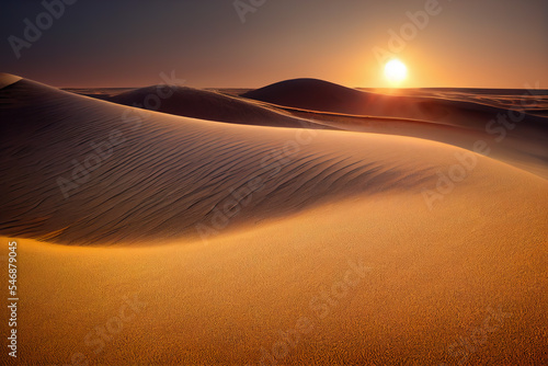 Sahara Desert unveils mesmerizing sand dunes bathed in warm sunset light  highlighting intricate patterns and deep shadows. A quintessential portrayal of tranquil desert evenings  
