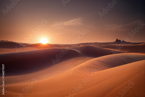 Panorama banner of sand dunes Sahara Desert at sunset. Endless dunes of yellow sand. Desert landscape Waves sand nature 