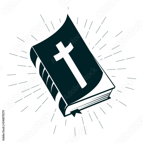 Holy Bible in paperback with turned-in angle, semi open the Old Testament book with crucifix, cover of open gospel , vector