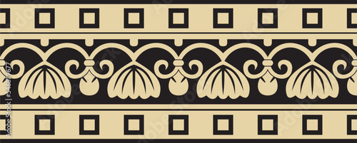 Vector golden and black seamless ornament of ancient Greece. Classic Endless pattern frame border Roman Empire..