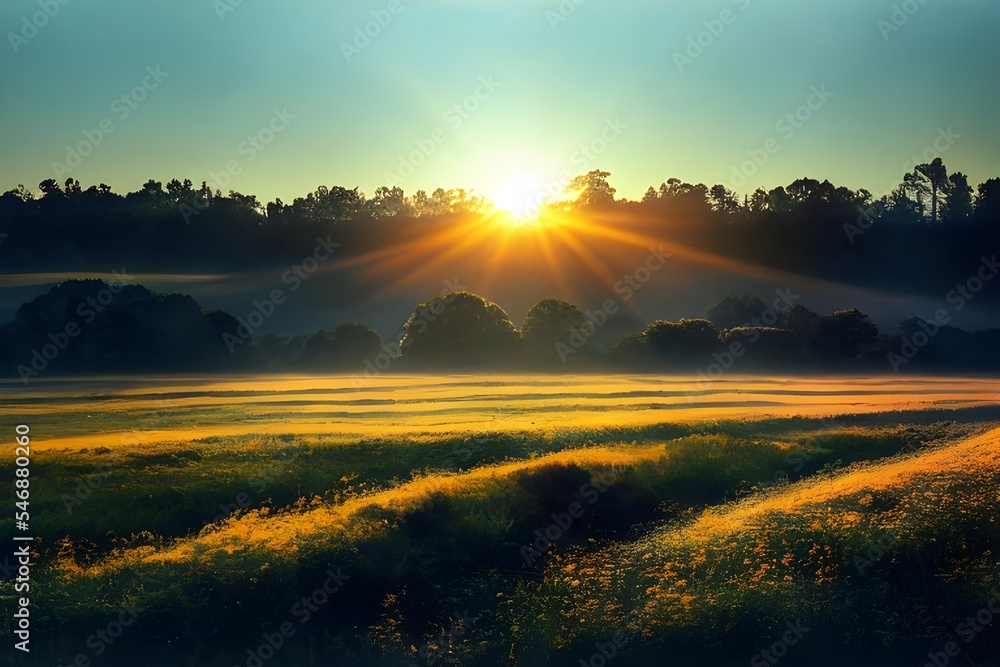 Fototapeta premium Sunrise in the countryside. Rural. Sunshine. Warmth.