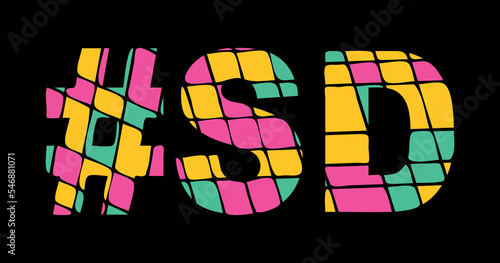 SD Hashtag. Tricolor isolated letters from contrast flowing fluid shapes. 3 colored Hashtag #SD is abbreviation for the US American state South Dakota for social network, web resources, mobile app