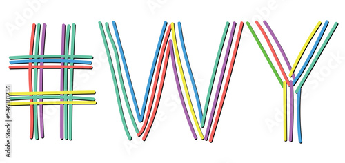 WY Hashtag. Isolate doodle lettering text from multi-colored curved neon lines like from a felt-tip pen, pensil. #WY is abbreviation for the US America state Wyoming for banner, social network, t-shir