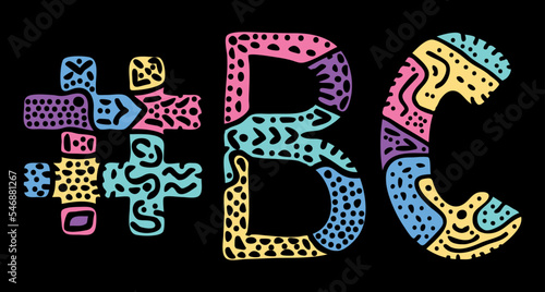BC Hashtag. Multicolored bright isolate curves doodle letters. Hashtag #BC is abbreviation for the Canadian British Columbia for social network, Canada web resource, mobile apps.