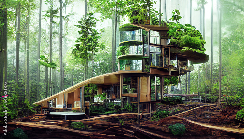 Spectacular concept art of environmental friendly modern treehouse with