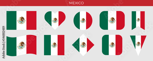 Mexico flag set. Detailed Mexican flag and coat of arms. Eagle symbol. Vector illustration isolated on white background