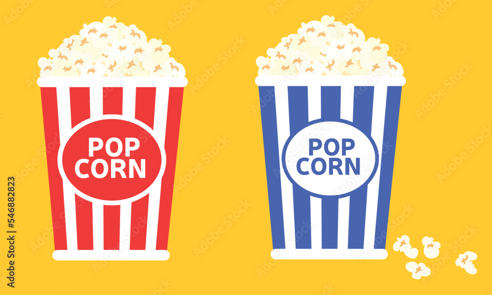 Set of popcorn in box. Popcorn in a striped paper cup. Vector illustration.