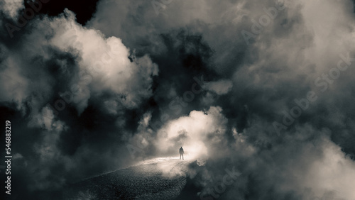 A mystical concept of a man on a road floating in the sky. Looking at the bright light of heaven surrounded by clouds.