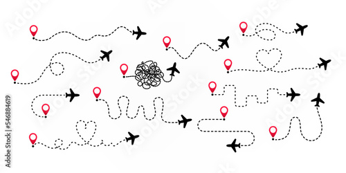 Set of plane with dush path, jorney flight, curve line and gps pin