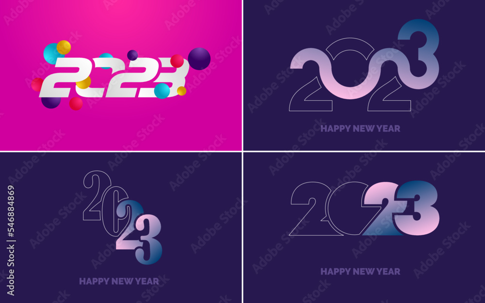 Big set 2023 Happy New Year black logo text design. 20 23 number design template. Collection of symbols of 2023 Happy New Year. New Year Vector illustration