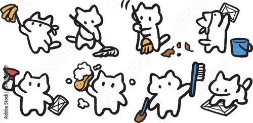 Fototapeta Naklejka Na Ścianę i Meble -  年末に大掃除をする猫　片付け　清掃　シンプルでかわいい装飾イラストセット