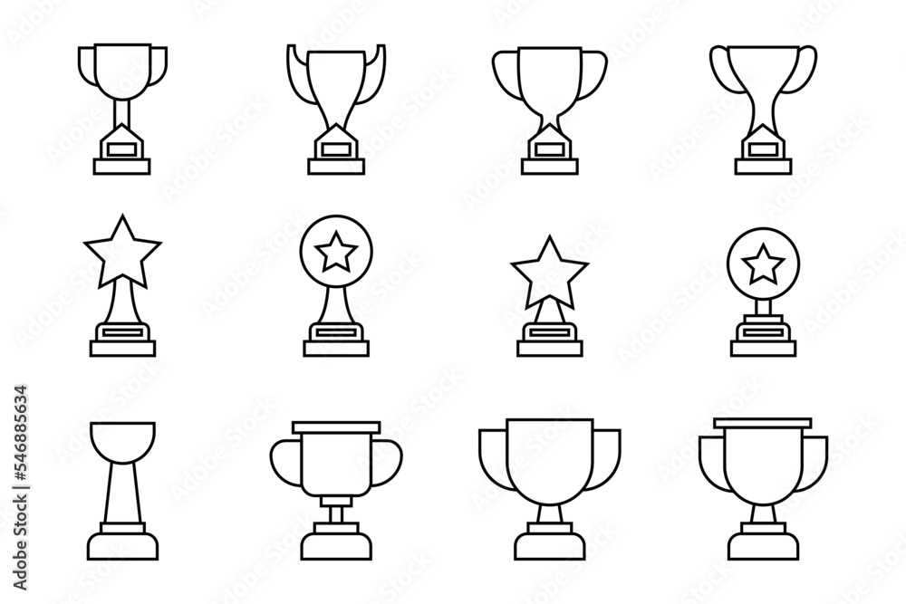 Set of Winner trophy vector. Illustration of Trophy or cup, sports award, champion collection in line art style Set of Winner trophy vector. Illustration of Trophy or cup, sports award, champion collection in line art style