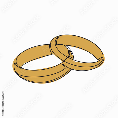 A continuous pattern of two rings. An icon of wedding rings on a white background. Fashionable minimalist illustration. Drawing in one line. Vector illustration.