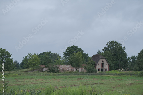 edge of village Zālīte in Zemgale, Latvia. Old abandoned ruins overgrown with trees and grass
