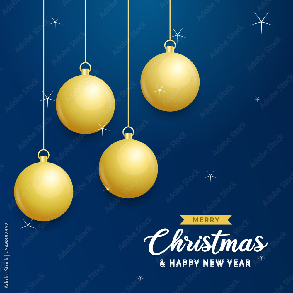 Christmas blue background with hanging shining golden balls. Merry christmas greeting card. Holiday Xmas and New Year poster. web banner. Vector Illustration.