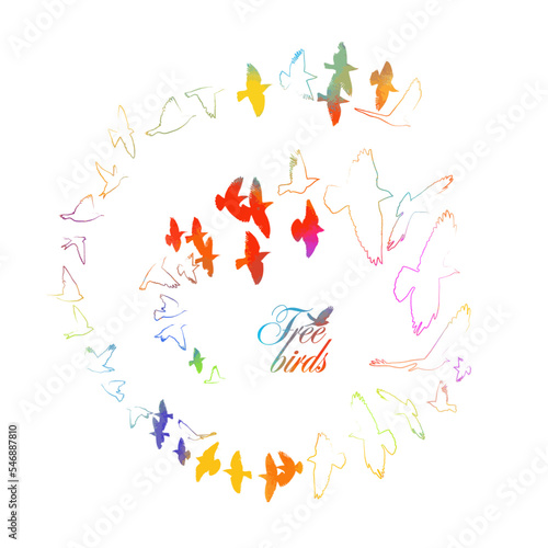 Abstract colored flying birds. Mixed media. Vector illustration