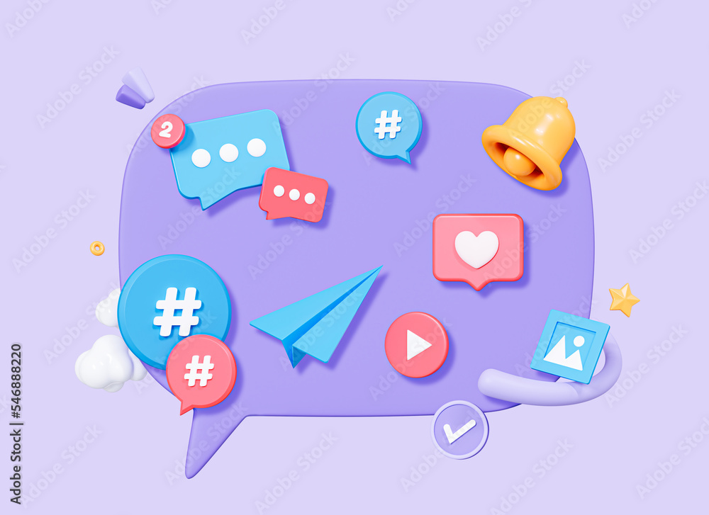 3D Social media communication. Speech bubble message with bell, hashtag ...