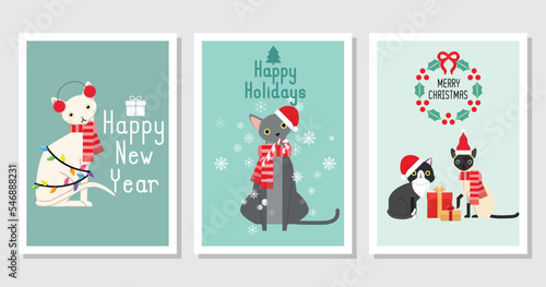 Collection of Christmas cats, Merry Christmas illustrations of cute cats greeting cards with accessories like a knitted hats, sweaters, scarfs.