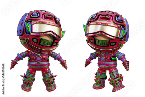 3D RENDERING PNG ILLUSTRATION. CUTE DESIGN ROBOT CYBORG ANDROID CHARACTER ISOLATED WHITE BACKGROUND. SPACEMAN ASTRONAUT CARTOON METAL PLASTIC AI MACHINE TECHNOLOGY GAME MODEL FIGURE ART TOY. 