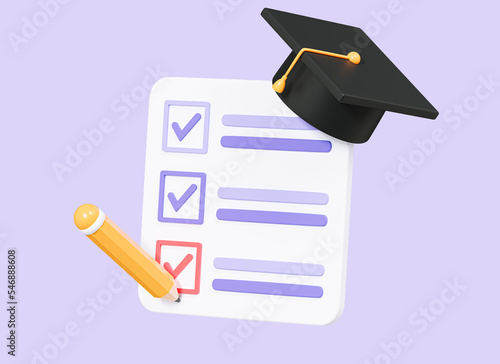 3D School exam with graduation cap and pencil. Diploma paper work. Entrance exam for education course. Check of knowledge. Cartoon creative design icon isolated on purple background. 3D Rendering