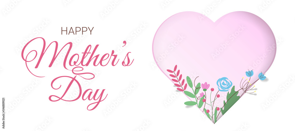 Mother's day card with paper flowers and heart. Cut out heart for greeting card design