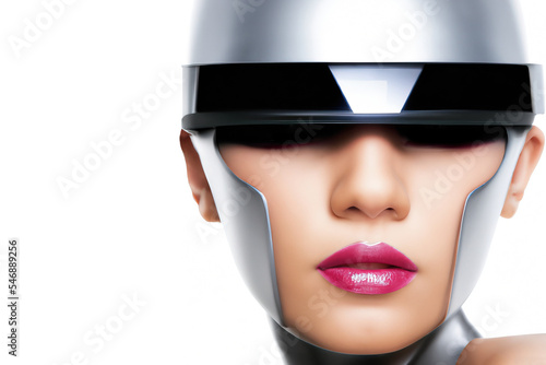 Beauty Cyborg Woman Wearing VR Headset. Metaverse Experience. Virtual Reality. Beauty Shoot. Technology photo