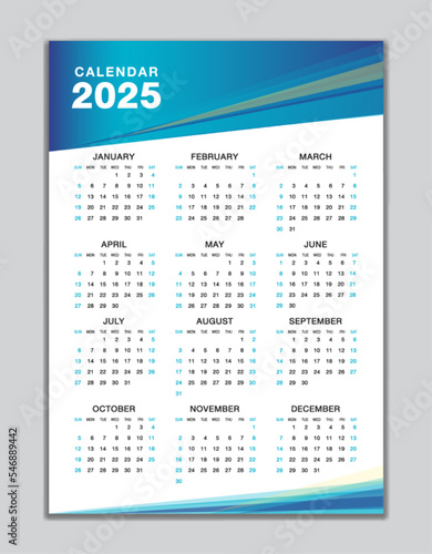 Wall calendar 2025 template, desk calendar 2025 design, Week start Sunday, business flyer, Set of 12 Months, Week starts Sunday, organizer, planner, printing media, calendar design blue background