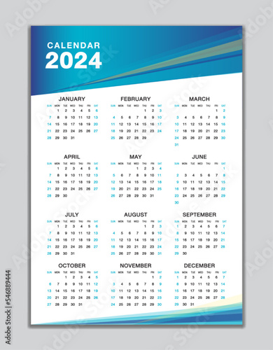 Wall calendar 2024 template, desk calendar 2024 design, Week start Sunday, business flyer, Set of 12 Months, Week starts Sunday, organizer, planner, printing media, calendar design blue background