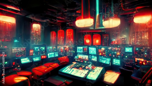 Inside of spaceship control room, science fiction scene, blue-green and red colors 
