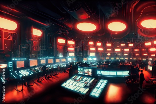 Wallpaper Mural Interior of spaceship control center room, science fiction scene, blue-green and red colors  Torontodigital.ca