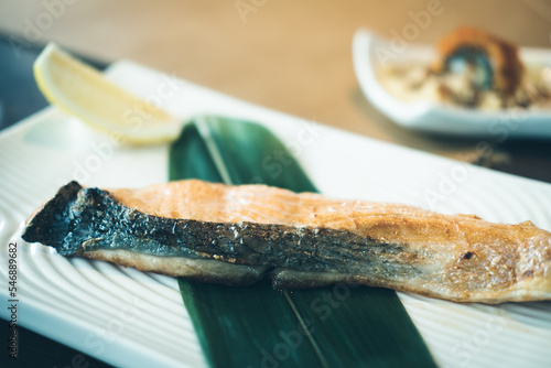 Grilled Ssalmon steak on plate. Japanese food style photo