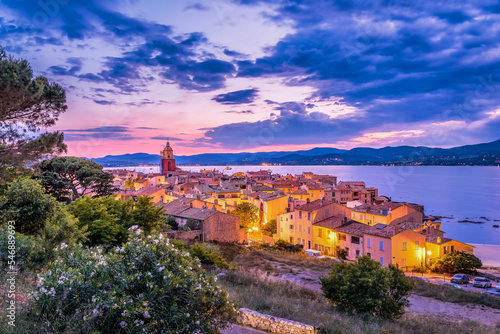 Night fall over Saint Tropez in south of France, scenic view with dramatic sky