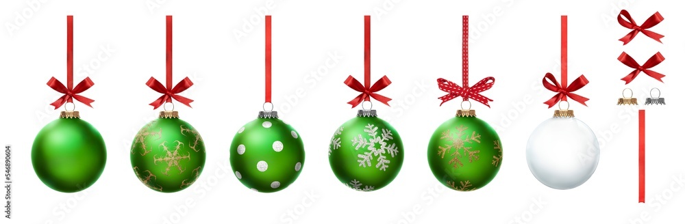A collection of green Christmas baubles hanging from red ribbon and bow with snowflake glitter patterns on them isolated against a transparent background.