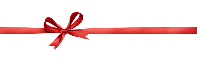 A large red ribbon bow on the left of a long straight piece of ribbon to be used as a birthday or Christmas banner, border isolated against a transparent background